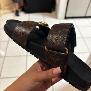 Brown Monogram Slide Sandals with Gold Accents